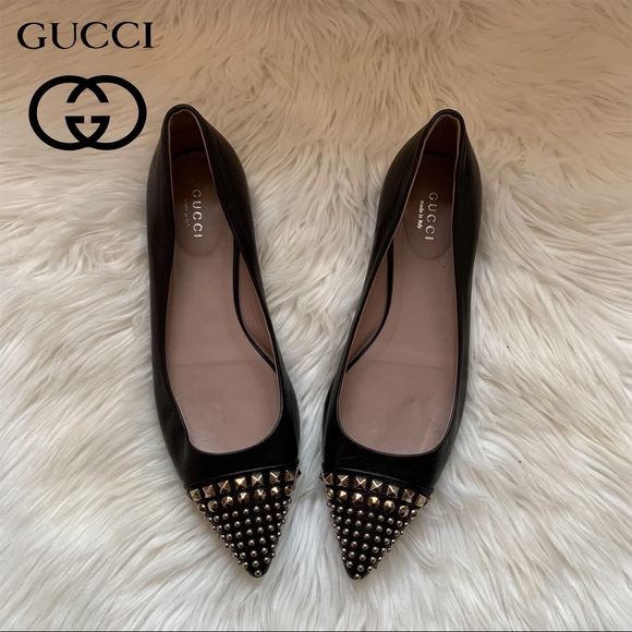 Gucci Shoes - GUCCI Coline Studded Cap Point-Toe Leather Flats